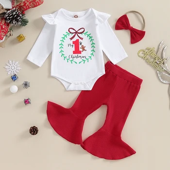 0-18 месяцев, Рождественские комплекты штанов для маленьких девочек, 3 шт., красный комбинезон с длинными рукавами и рюшами, расклешенные штаны, комплекты повязок на голову
