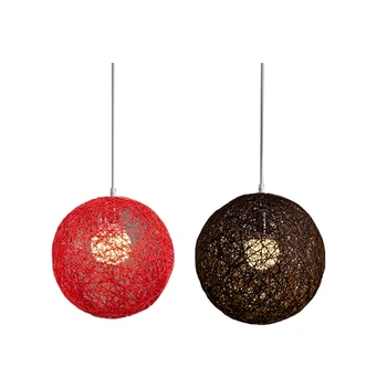 2 предмета, Люстра с шариками из бамбука, ротанга и пеньки, Индивидуальное творчество, Сферическое гнездо из ротанга, Абажур - Красный и кофейный