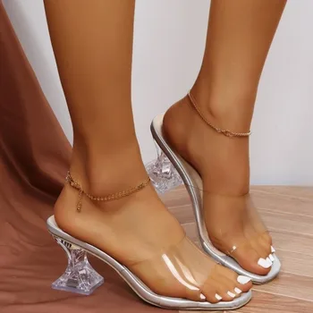 2024, Странные прозрачные тапочки на каблуках, Женские летние босоножки из прозрачного ПВХ большого размера, женские вечерние туфли без застежки на высоком каблуке Muejr