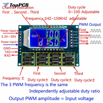 3-Канальный Цифровой Генератор Сигналов с ЖК-подсветкой Прямоугольной Формы PWM с Регулируемым Коэффициентом заполнения Частоты Импульсов 1 Гц-150 кГц