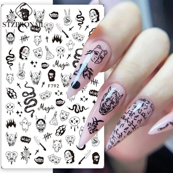 3D Черная наклейка для дизайна ногтей в виде гримасы, Глаза змеи, листья, Бабочка, паук, наклейки, слайдер, Советы по оформлению татуировки своими руками SLF