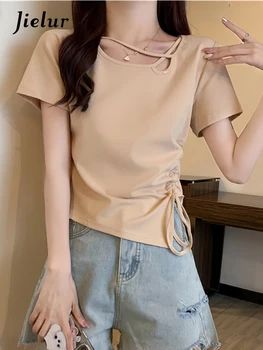 Jielur, новая женская футболка с открытой спиной, летний Корейский универсальный топ с коротким рукавом, женские модные короткие футболки с завязками