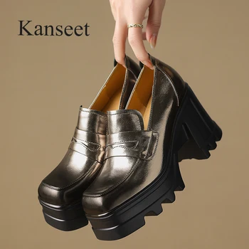 Kanseet/ винтажная женская обувь на платформе; новинка весны 2024 года; Лоферы с квадратным носком из черной натуральной кожи на массивном каблуке; Повседневная женская обувь;
