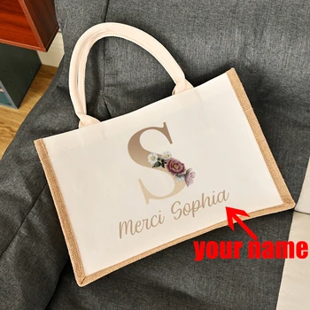 Merci Custom Name Сумки-Тоут Из Мешковины Персонализированные Подарки Для Поездки Учителя Nounou Canvas Jute Tote Shopper Bag Side Bag для Дам