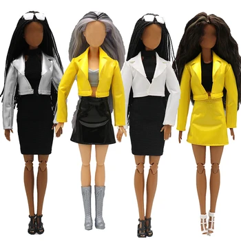 Аксессуары для кукол 29 см, Искусственная зеркальная Желтая Кожаная куртка, Кожаная юбка, Комплект одежды для кукол