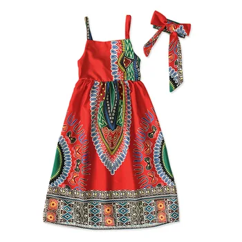 Африканская мода Милые Дети Дашики Принт Базен Riche Платье Одежда для девочек 2 шт. Африканские Платья для Ребенка с Повязкой На голову Наряды для Малышей