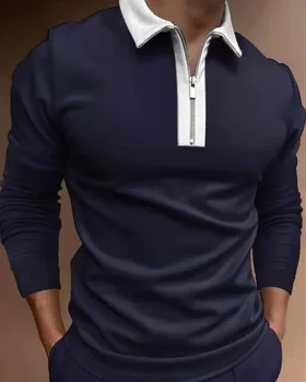 Весенне-осенняя мужская футболка-поло с воротником-поло на молнии 2023, модная повседневная футболка-поло с длинным рукавом, мужская рубашка-поло