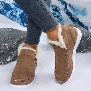 Женская обувь, горячая распродажа 2023 года, зимние плюшевые теплые женские ботинки без застежки до середины икры, однотонные зимние ботинки из флока на низком каблуке с круглым носком
