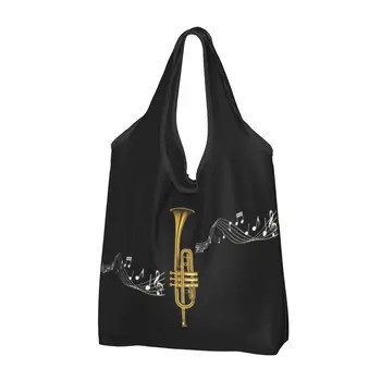 Изготовленная на заказ труба с музыкальными нотами, сумка для покупок, женская портативная сумка для бакалеи большой емкости, сумки для покупок Музыканта-трубача