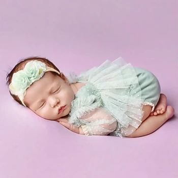 Комплект для фотосессии новорожденных Кружевное платье Повязка на голову с цветочным узором Комбинезон Реквизит для фотосессии Костюм для девочки Костюм для фотосъемки младенцев 3ШТ