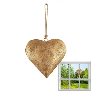 Металлические гобелены в форме сердца, Железный орнамент в форме сердца с золотой античной отделкой И колокольчиком в виде сердца, винтажный металлический настенный арт-3D знак