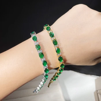 Модные женские летние украшения серебристого цвета с зеленым кубическим цирконием, овальные браслеты-цепочки на День матери