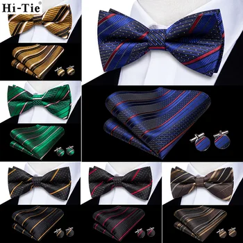 Модный полосатый темно-синий мужской галстук-бабочка, Носовой платок, Запонка, Предварительно завязанный Шелковый галстук-бабочка для мужской деловой вечеринки Оптом