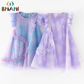 Новое летнее платье принцессы для девочек 3-8 лет, сетчатое платье феи, фиолетовые цветы, фиолетовое кружевное платье с любовью, детские пышные платья
