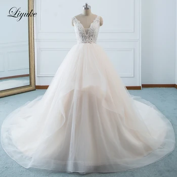 Новое поступление Liyuke, свадебное платье трапециевидной формы цвета Шампанского, юбка из тюля с V-образным вырезом, свадебное платье