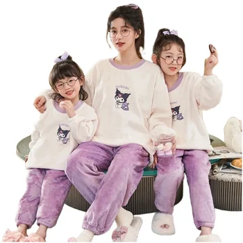 Пижама Sanrios Kuromi Cinnamoroll Pochacco для родителей и детей, зимняя детская одежда с героями мультфильмов, ночной костюм для мамы и дочки