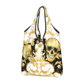 Роскошная хозяйственная сумка в стиле барокко с принтом Kawaii в цветочек с черепом, портативная сумка для покупок через плечо, Европейская художественная сумка в стиле рококо.