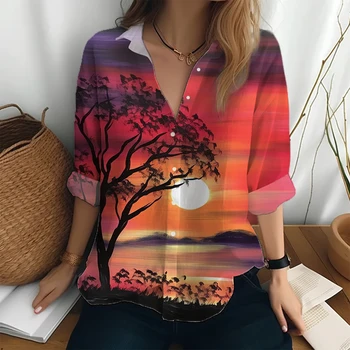 Рубашка с длинными рукавами с 3D-принтом Sunset, женская весенне-осенняя новая рубашка, домашняя повседневная рубашка, Модные топы на пуговицах