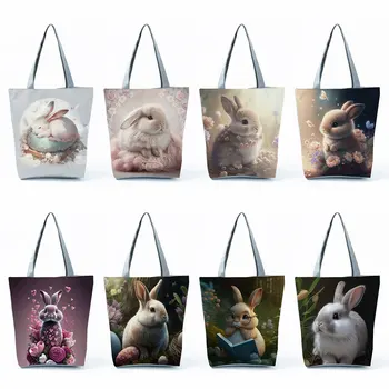 Складные многоразовые Большие портативные сумки для покупок с цветочным рисунком кролика, женская сумка-тоут, милые мультяшные сумки для покупок через плечо