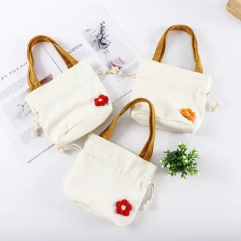 Холщовая сумка с карманом на шнурке, простая художественная маленькая сумка, мини-цветок, маленькая ручная студенческая холщовая сумка